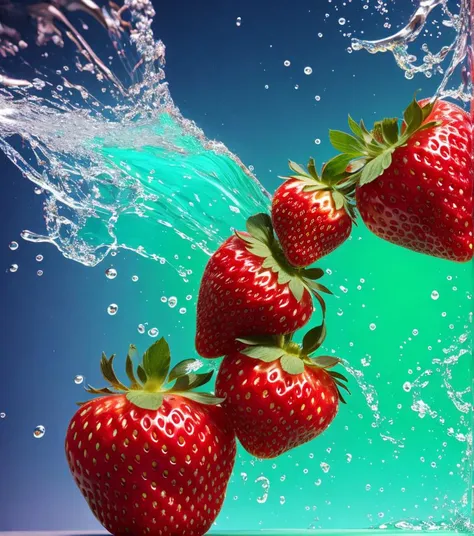 abstract, photorealistic, Food fruit Strawberry, LIQUID SPLASH, 3D BEEPLE STYLE, 8 k, 32 k, HDR, realistic,