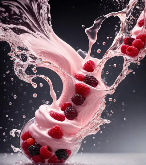 mix fruit and berries, fruits splash milk mixed fruit milkshake, hyper realistic, dramatic lighting , fruit, liquid splashes, merging, melting, splashing, droplets, mixing, fading away, exploding, swirling, intricate detail, modelshoot style, dreamlikeart, dramatic lighting. 8k, highly detailed, trending artstation, Slpash
