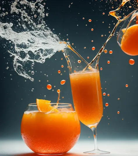 abstract, photorealistic, Food fruit in glass with orange, LIQUID SPLASH, 3D BEEPLE STYLE, 8 k, 32 k, HDR, realistic, smoke