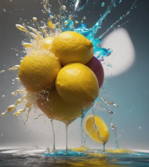 A perfect abstract, photorealistic, Food lemon , LIQUID SPLASH, 3D BEEPLE STYLE, 8 k, 32 k, HDR, realistic, liquid splashes, merging, melting, splashing, droplets, mixing, fading away, exploding, swirling, intricate detail, modelshoot style, dreamlikeart, dramatic lighting. 8k, highly detailed, trending artstation, Slpash