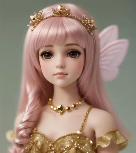 Kawaii, doll fairy, miniature, gold, Miniature Core, Miniature World, realistic, pink, Opalescent, ball crystal, intimate portrait composition, Leica 50mm, f1. 4,Highly Detailed,(Low Contrast:1.3)