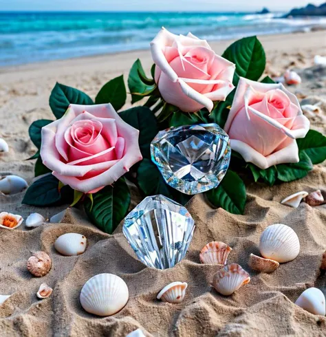 Splash,explotion, flowers roses and shiny large shells, diamond crystal, on the beach, fantasy, sky night , moon, smoke , photo, HD, 8K , realistic, HD, intricate, 8k, highly detailed,fun, sharp focus,
