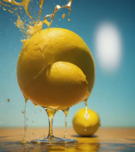 A perfect abstract, photorealistic, Food lemon , LIQUID SPLASH, 3D BEEPLE STYLE, 8 k, 32 k, HDR, realistic,