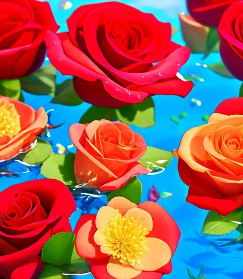 flowers roses, stones transparent and diamond crystal in water