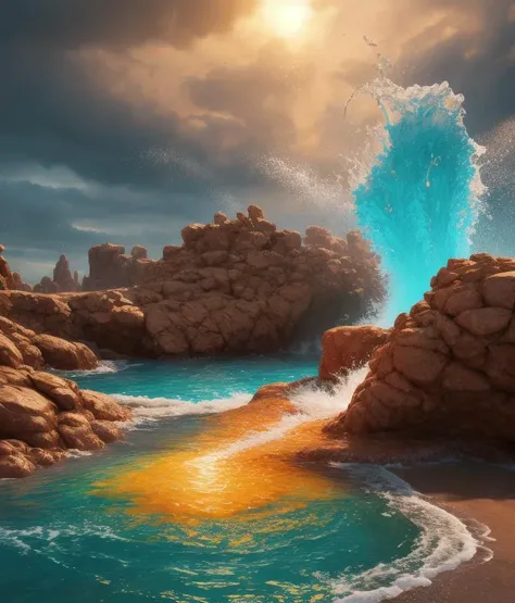 , LIQUID SPLASH, 3D BEEPLE STYLE, 8 k, 32 k, HDR, realistic, liquid splashes, dreamlikeart, dramatic lighting. 8k, highly detailed, trending artstation, Slpash