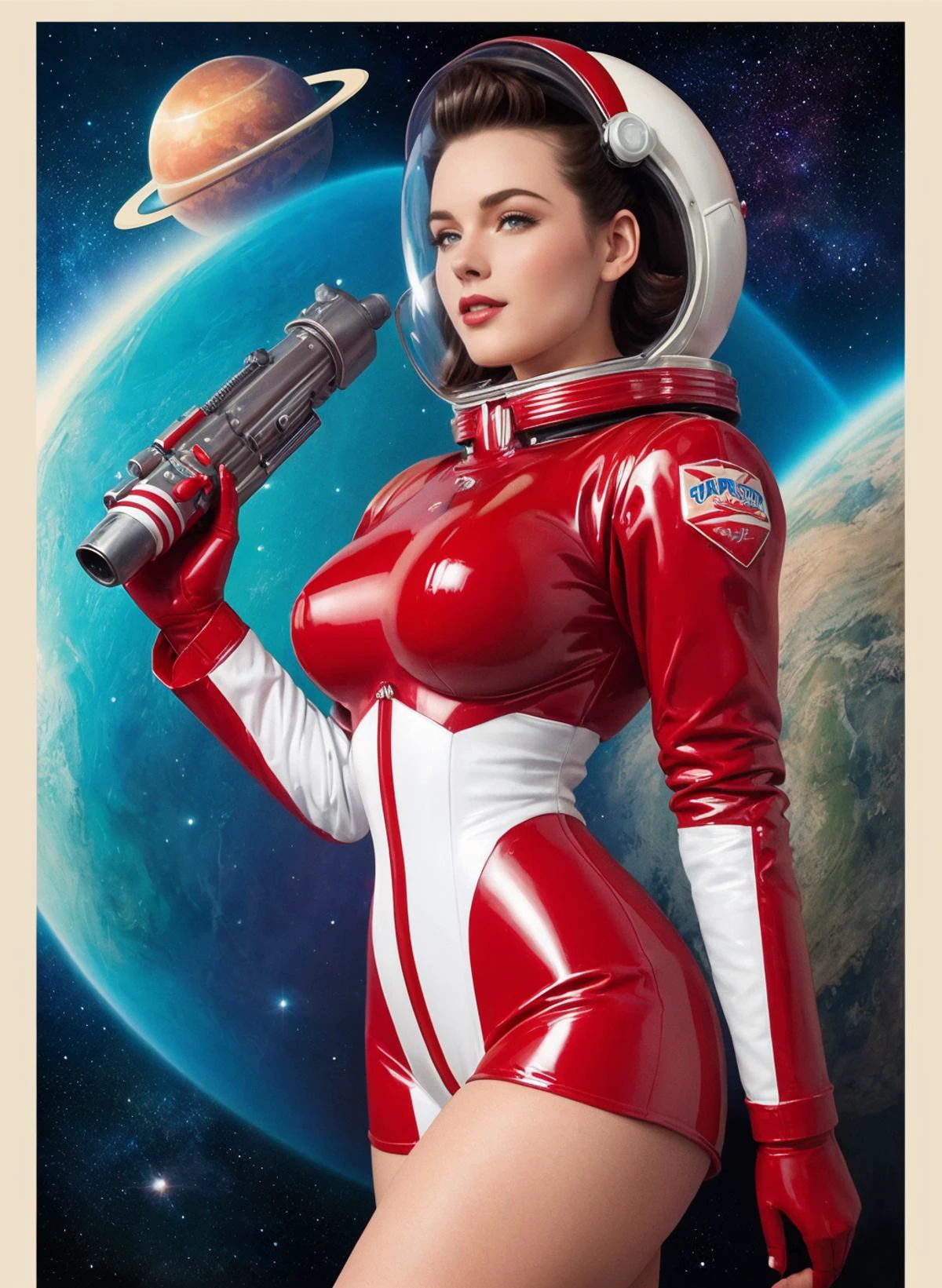 red and white, nuka cola poster, 20 years old, nuka girl wearing a short latex sci-fi suit with and space helmet, open shoulders, model appearance, big breast, holding sci-fi ray-gun, painted by gil elvgren, Coby Whitmore, pin-up, leyendecker, ((erotic)), 4k, 3d, render