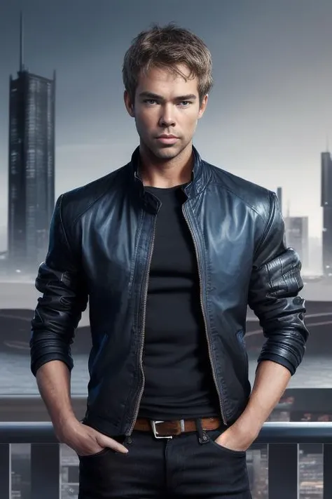 portrait, light brown hair, young JR Bourne face, short hair, very intense blue eyes, male focus, looking front, futuristic city in the background, hyperrealistic, black jacket, black jeans, white shirt, muscular,