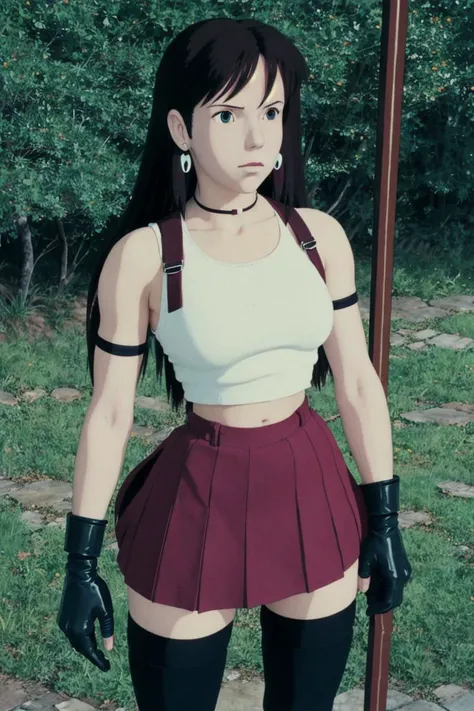 ghibli style, Tifa Lockhart, 1girl, red eyes, low-tied long hair, earrings, white crop top, suspenders, black pleated miniskirt, black thighhighs, arm guards, elbow gloves, fingerless gloves, ((masterpiece))<lora:ghibli_style_offset:1.0><lora:ghibli_style_offset:1.0><lora:ghibli_style_offset:1.0><lora:ghibli_style_offset:1.0>