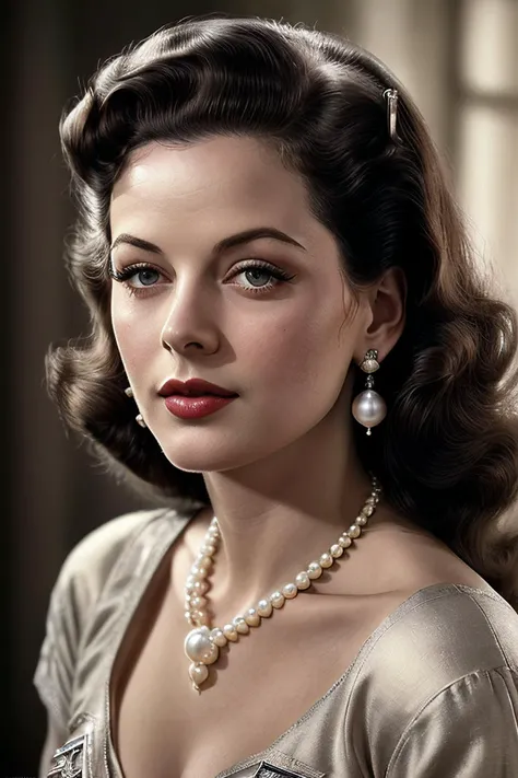 beautiful woman (EPH3dyL4m4rr:.99), ( sexy hair:1.2),((from the waist up)), ((closeup:1.2)), ( pearl necklace and pearl earrings:1.3), natural skin texture, (((Vintage WW2 Pin Up Girl:1.4))), ((1940s)) , 24mm, 4k textures, soft cinematic light, adobe lightroom, photolab, hdr, intricate, elegant, highly detailed, sharp focus, ((((cinematic look)))), soothing tones, insane details, intricate details, hyperdetailed, low contrast, soft cinematic light, exposure blend, hdr, faded, now, ("I've got a bad feeling about this.":1.1)