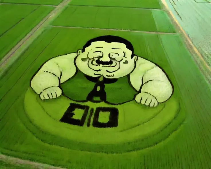 outdoors, rice_paddy_art, field, scenery, landscape, nature, grass, parody, bridge, crossover, from above, grass, green skin, green theme, (mature fat man:1.2),<lora:rice_paddy_art:0.7>