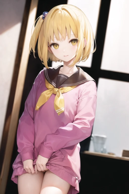 ((masterpiece,best quality)), <lora:Amemori_Sayo_v2:0.8>, (yellow hair), pervert, pink clothes, pink glowing eyes, sailor dress