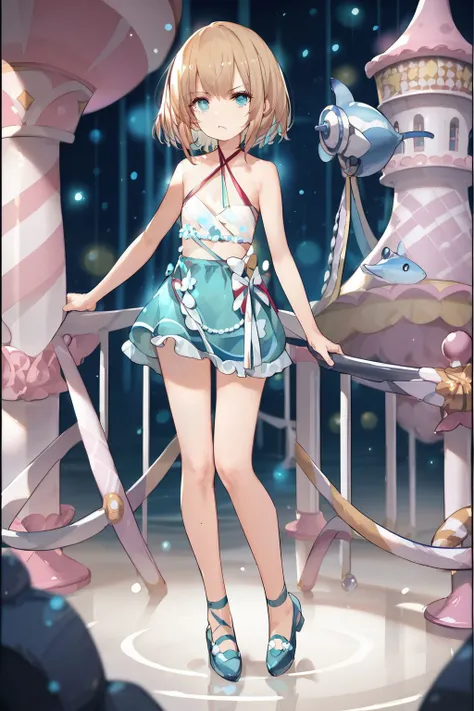score_9, score_8_up, score_7_up, 1girl, looking at viewer, shaka sign, pout, cream hair, short fringe, aquamarine eyes, flat chest, beige criss-cross halter, glitter particles, carousel, full body, <lora:kincora_PonyXL_style_v02:1>
