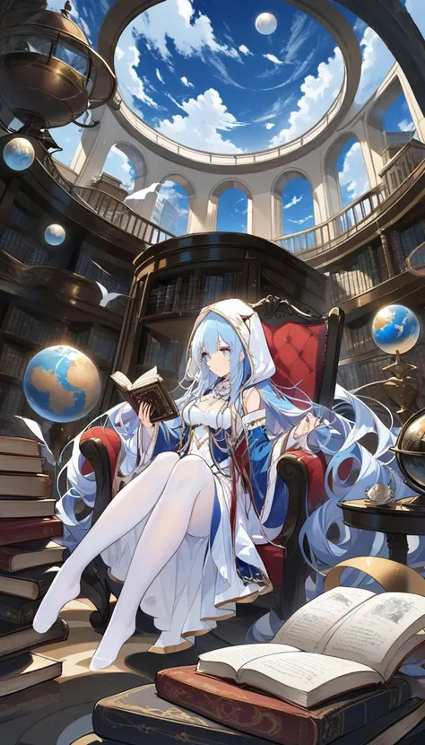 book, white pantyhose, 1girl, bookshelf, blue hair, long hair, gloves, window, pantyhose, detached sleeves, indoors, sitting, black gloves, holding, sky, solo, cloud, hood, dress, drill hair, long sleeves, bare shoulders, blue eyes, hood up, gold trim, globe, book stack, holding book, chair, breasts, day, puffy sleeves, drill locks, blue sleeves, open book, library, bangs, full body, orb, bird, parted lips, no shoes, very long hair, floating, star (symbol), blue sky<lora:kincora_PonyXL_style_v02:0.95>