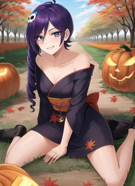 ((best quality)), ((highly detailed)), masterpiece, (detailed eyes, deep eyes), (1girl), full body, <lora:ZoneTan:1>, Zone-Tan, purple hair, medium hair, spiral pony tail, blue eyes, mischievous smile, skull hair ornament, collarbone, kimono, ((sexually suggestive)), (in a pumpkin patch, autumn_leaves)