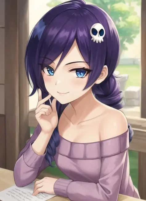 ((best quality)), ((highly detailed)), masterpiece, extremely detailed face, beautiful face, (detailed eyes, deep eyes), (1girl), full body, <lora:ZoneTan:1>, Zone-Tan, purple hair, medium hair, spiral pony tail, blue eyes, mischievous smile, skull hair ornament, purple off-shoulder sweater, long sleeves, collarbone, pantyhose