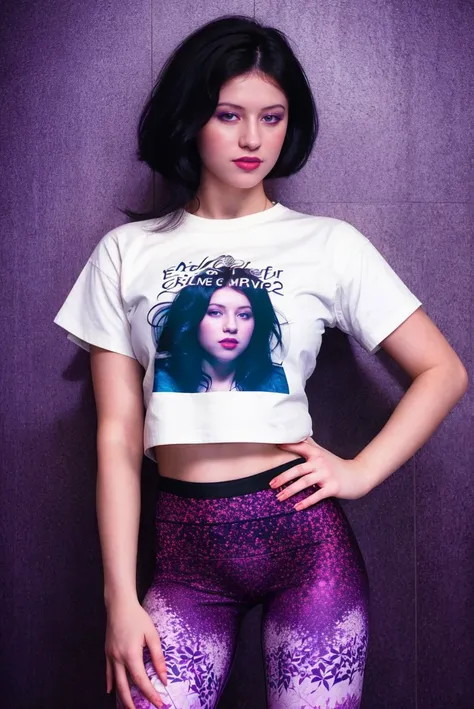 A stunning intricate full color portrait of a beautiful 20 year old pale woman, graphic tee and purple leggings, lively concert, ,at night epic character composition,by ilya kuvshinov, alessio albi, nina masic,sharp focus, subsurface scattering, f2, 35mm, film grain  , long black hair <lora:moniccam:1>