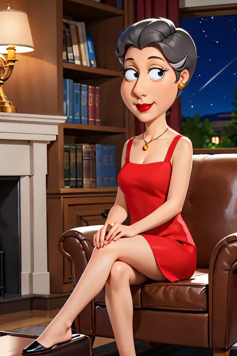 babs, black eyes,red lipstick, earrings,makeup, short grey hair, red dress,mature female, necklace, looking at viewer, serious, smiling, sitting, legs crossed, on leather chair, inside living room, fireplace, bookshelf, night time, soft lighting, high quality, masterpiece, <lora:babs:.6>