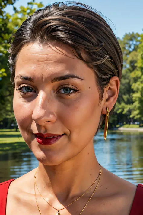 babs, black eyes,red lipstick, earrings,makeup, short grey hair, red dress,mature female, necklace, looking at viewer, smiling, close up, outside, park, lake, trees, blue sky,  high quality, masterpiece, <lora:babs:.6>
