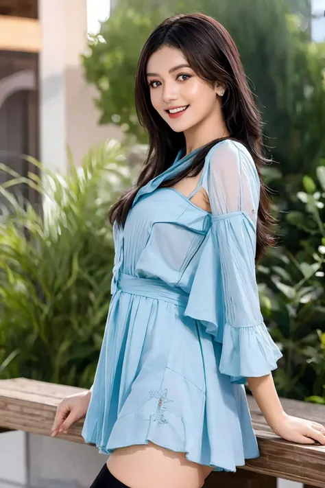 Adorable , Gorgeous , Beautiful , Russian Baby Face , Laughing , Huge Breasts , 25 Years Old , White Skin , Light Green Hijab , Dark Green Long Dress , ((Bokeh:1.1)) , Blue Eye , ((Morning:1.3)) , sit on big rock , bali background with waterfall , in front of viewer , HDR , Ultra Detailed , EF 24-70mm f/2.8L II USM