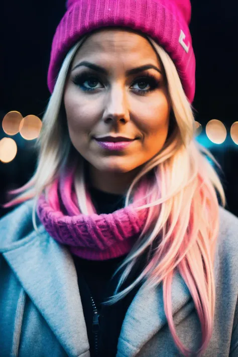 sty, medium length blonde with pink highlights hair, (minimal ambient light), low light, night, gloomy, moody, fog, bokeh, background is night city, streetwear, beanie, scarf, <lyco:StacyK-RealVision-V1.0:1.0>