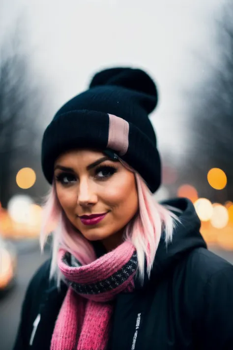 sty, medium length blonde with pink highlights hair, (minimal ambient light), low light, night, gloomy, moody, fog, bokeh, background is night city, streetwear, beanie, scarf, <lyco:StacyK-RealVision-V1.0:1.0>