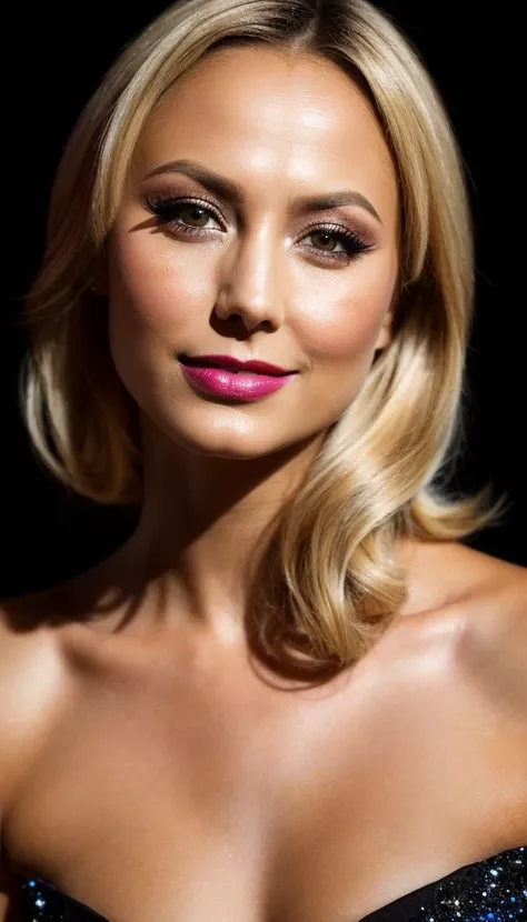 blonde hair, black shadows on the eyes, F@H5C pink lipstick on the lips, a smile,  beautiful dress, analog style, modelshoot style, portrait of sty, feminine, epic (photo, studio lighting, hard light, sony a7, 50 mm, matte skin, pores, colors, hyperdetailed, hyperrealistic), <lyco:StacyK-RealVision-V1.0:1.0>  , crystal clear, 8K UHD, highly detailed glossy eyes, high detailed skin, skin pores,