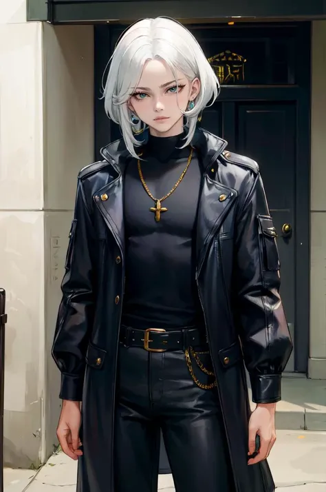 <lora:kittew-artist-richy-v1:1>, ultra detailed, masterpiece, best quality, solo, 1boy, teal eyes, <lora:Tsurime3:1>, (tsurime:1.2), parted bangs, white hair, medium hair, straight hair, shoulder-length hair, male focus, coat, shirt, pants, studded belt, multiple belts, combat boots, torn clothes, necklace, black coat, black and green theme,