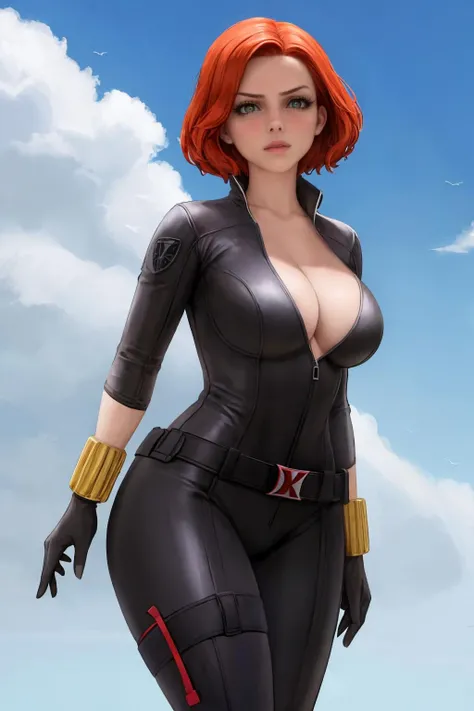 masterpiece, best quality, blkwidow, black bodysuit, cleavage, black belt, black gloves, cityscape, looking at viewer, night, rooftop, large breasts, contrapposto, thighs