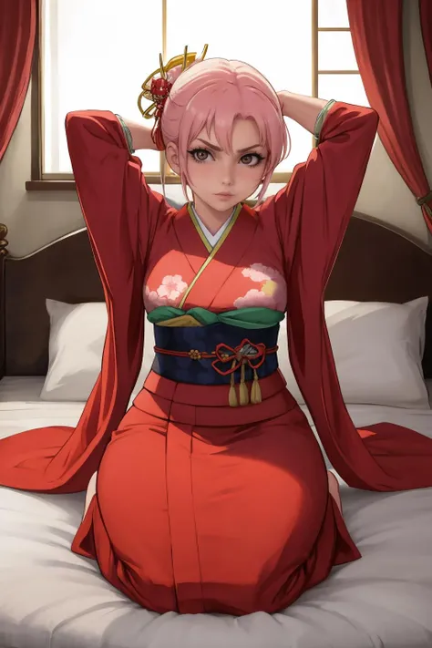 masterpiece, best quality, 1girl, solo, <lora:kittew-artist-richy-v1:1> sitting, seiza, arms behind head, bed, bedroom, looking at viewer, japanese clothes, kimono