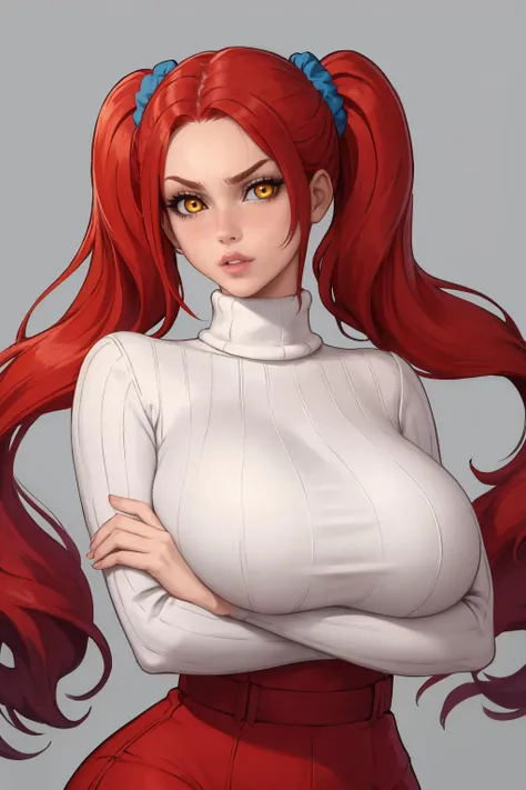 masterpiece, best quality, 1girl, solo, <lora:kittew-artist-richy-v1:1> red hair, twintails, very long hair, yellow eyes, turtleneck, ribbed sweater, sweater dress, upper body, parted lips, lips, mature female, curvy, hair scrunchie, huge breasts, looking at viewer, crossed arms