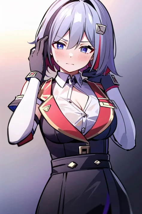 masterpiece, best quality, topaz, 1girl, embarrassed, shirt, gloves, breasts, <lora:topaz:1>