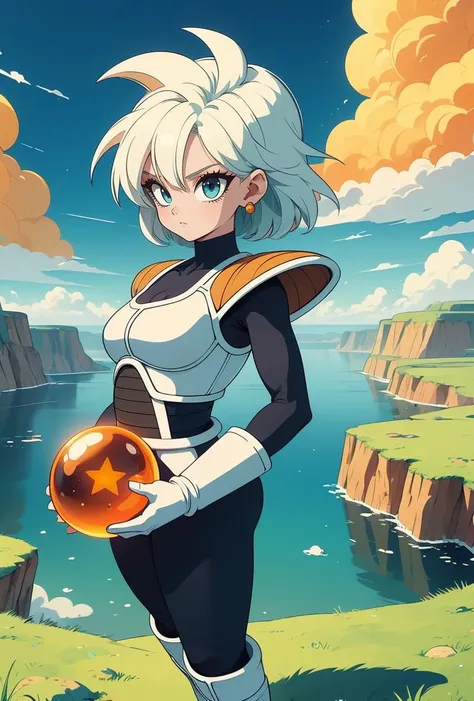 (masterpiece, best quality), 1girl, <lora:girllikestardragonballbattlearmor:0.8> holding a star dragonball, raise arm, battle armor, blue bodysuit, white gloves, white boots, orange pauldrons, spiked hair, earrings, cloud, sky, hill, lake, grass, plateau