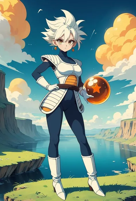 (masterpiece, best quality), 1girl, <lora:girllikestardragonballbattlearmor:0.8> holding a star dragonball, raise arm, battle armor, blue bodysuit, white gloves, white boots, orange pauldrons, spiked hair, earrings, cloud, sky, hill, lake, grass, plateau