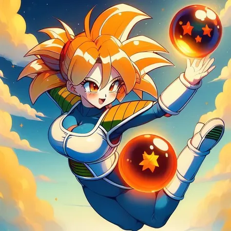 (((masterpiece))), (((best quality))), (((2girl))), (((symmetrical docking))), (((falling from the sky))), (((holding a star dragonball))), ((raise arm)), ((battle armor)), ((blue bodysuit)), white gloves, white boots, orange pauldrons, spiked hair, earrings, lunge, multicolored hair, twintails, medium hair, sweat, cleavage, big tits, smile, ((smile)), ((excited)), (((enjoy))), happy, surprise, shy, blush, sexy, pretty, beautiful, muscle, (((slim figure))), <lora:girllikestardragonballbattlearmor:1>