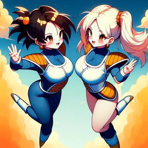 (((masterpiece))), (((best quality))), (((2girl))), (((symmetrical docking))), (((falling from the sky))), (((holding a star dragonball))), ((raise arm)), ((battle armor)), ((blue bodysuit)), white gloves, white boots, orange pauldrons, spiked hair, earrings, lunge, multicolored hair, twintails, medium hair, sweat, cleavage, big tits, smile, ((smile)), ((excited)), (((enjoy))), happy, surprise, shy, blush, sexy, pretty, beautiful, muscle, (((slim figure))), <lora:girllikestardragonballbattlearmor:1>