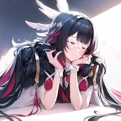 1girl, masterpiece, highest quality, best quality, , highly detailed, best illustration, ray tracing, semi realistic, <lora:Colu2:1>, Columbina, solo, smile, ribbon, closed mouth, closed eyes, red hair, lying, two-tone hair, head wings, eye mask, white mask, coat fur-trimmed coat, fur