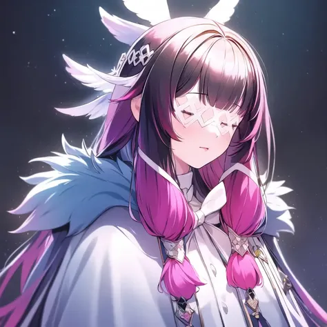 1girl, masterpiece, highest quality, best quality, , highly detailed, best illustration, glowing hair, ray tracing, semi realistic, <lora:Colu2:1>, Columbina, hair ornament, closed eyes, pink hair, coat, fur trim, head wings, fur-trimmed coat, eye mask, white mask