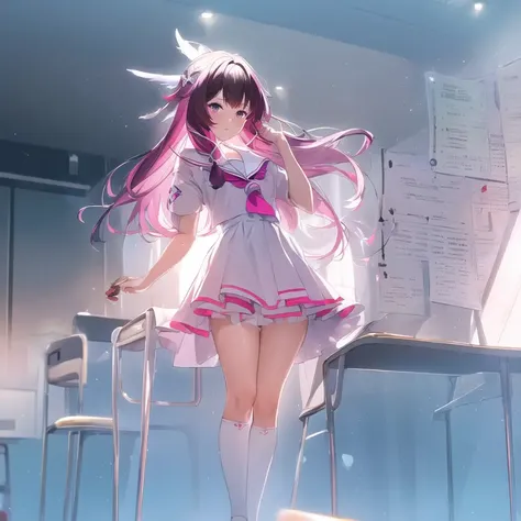 1girl, masterpiece, highest quality, best quality, , highly detailed, best illustration, glowing hair, ray tracing, semi realistic, <lora:Colu2:1>, Columbina, pink hair,full body, small breast , sailor uniform, classroom, looking at viewer