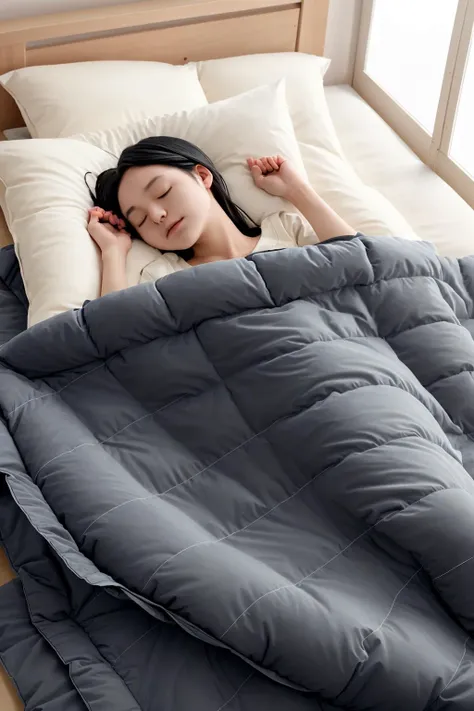 1girl, <lora:goodsleep_SD15_V1_ResizeDIM4:0.8> futon, pillow, closed eyes, bed, sleeping, black hair, lying, under covers, blanket,