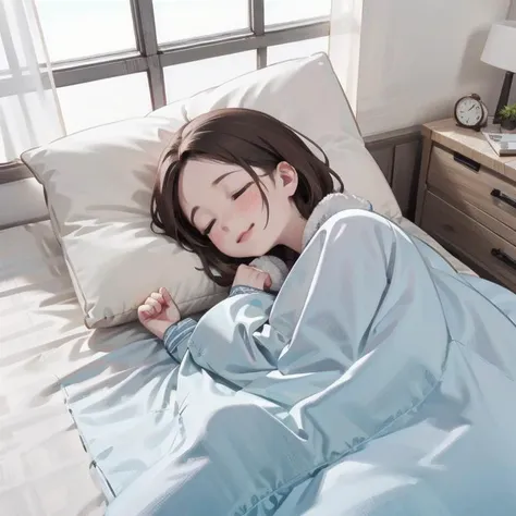 best quality, ultra-detailed, illustration, smile, 1girl, solo,
futon, closed eyes, pillow, sleeping, brown hair, lying, bed, blanket, smile, on side, under covers, lips, indoors,
 <lora:goodsleep_SD15_V3_DIM4:0.8>