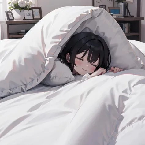 best quality, ultra-detailed, illustration, smile, 1girl, solo,
futon, pillow, closed eyes, bed, sleeping, black hair, lying, under covers, blanket,
<lora:goodsleep_SD15_V3_DIM4:0.8>