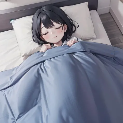 best quality, ultra-detailed, illustration, smile, 1girl, solo,
futon, pillow, closed eyes, bed, sleeping, black hair, lying, under covers, blanket,
<lora:goodsleep_SD15_V3_DIM4:0.8>
