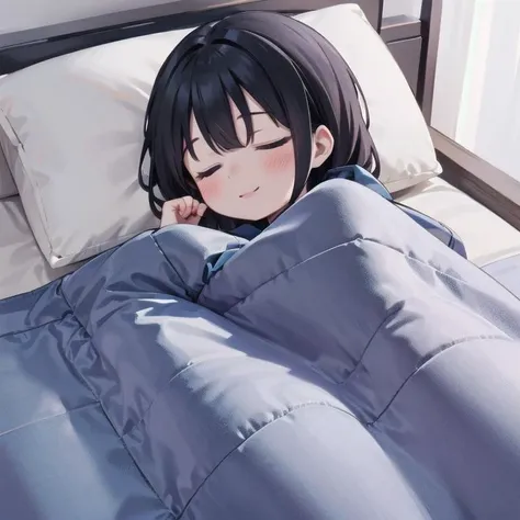best quality, ultra-detailed, illustration, smile, 1girl, solo,
futon, pillow, closed eyes, bed, sleeping, black hair, lying, under covers, blanket,
<lora:goodsleep_SD15_V3_DIM4:0.8>