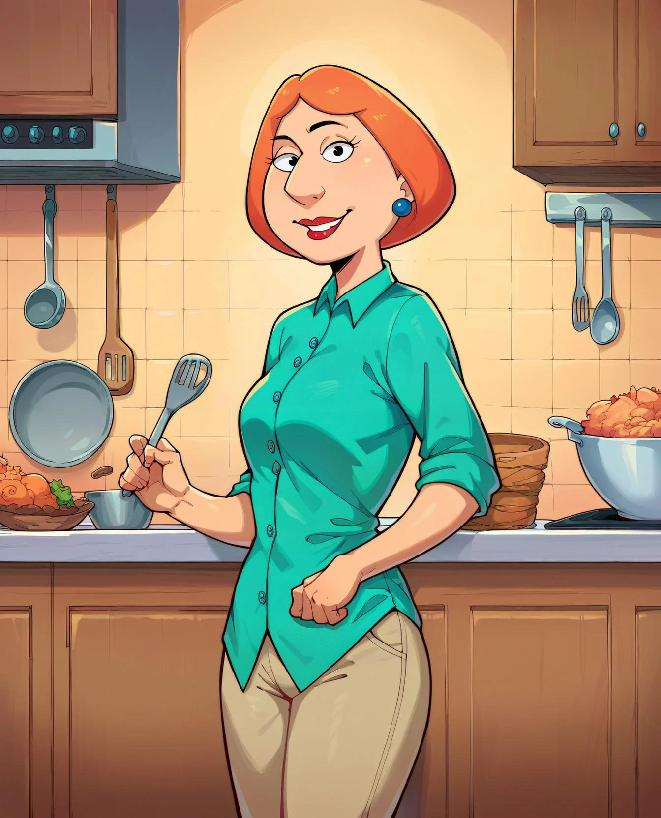 score_9, score_8_up, score_7_up, score_6_up,source_cartoon,
lois, black eyes, blue earrings, jewelry, short orange hair, red lipstick, aqua shirt, beige pants, looking at viewer, smiling, standing, inside kitchen, warm ambiance, counter,
<lora:Loispony1.0:.8> <lora:Cold Oil Gothic Style SDXL_LoRA_Pony Diffusion V6 XL:1>
