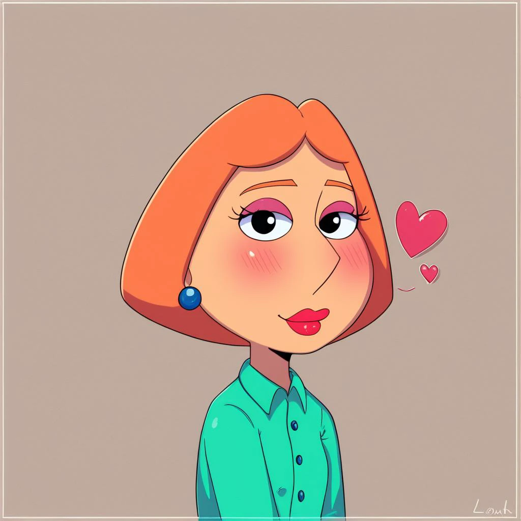 score_9, score_8_up, score_8, (32k, masterpiece:1.2),(high detailed skin:1.1),( high quality:1.1), , cute, eyelashes, solo, hearts, blush, lips, shiny clothes, upper body, looking at viewer, luminescent background, simple simple background,
<lora:Loispony1.0:1> lois,1girl, blue earrings, jewelry, short hair, solo, lipstick, makeup, orange hair, aqua shirt, beige pants,