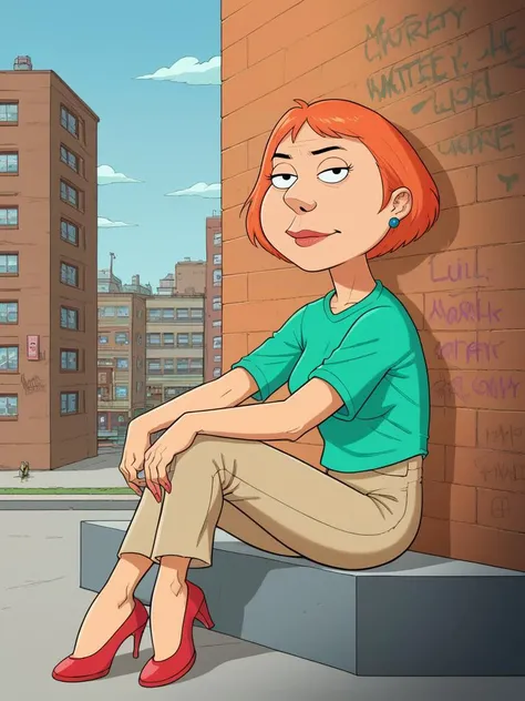 score_9, score_8_up, score_7_up, score_6_up, score_5_up, score_4_up, 1girl, in hewlls artstyle, big nose, lois, blue earrings, jewelry, ballet flats, red shoes, short hair, solo, lipstick, makeup, orange hair, aqua shirt, beige pants, digital illustration, portrait, graffiti background, urban, sitting, <lora:Jamie_Hewlett_Style_Pony:0.92>, <lora:Loispony1.2:0.76>