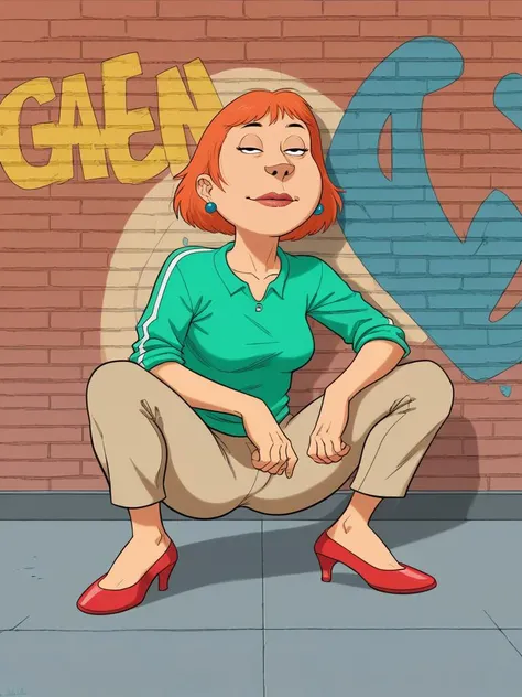 score_9, score_8_up, score_7_up, score_6_up, score_5_up, score_4_up, 1girl, in hewlls artstyle, big nose, lois, blue earrings, jewelry, ballet flats, red shoes, short hair, solo, lipstick, makeup, orange hair, aqua shirt, beige pants, digital illustration, portrait, graffiti background, urban, squatting, <lora:Jamie_Hewlett_Style_Pony:0.92>, <lora:Loispony1.2:0.76>