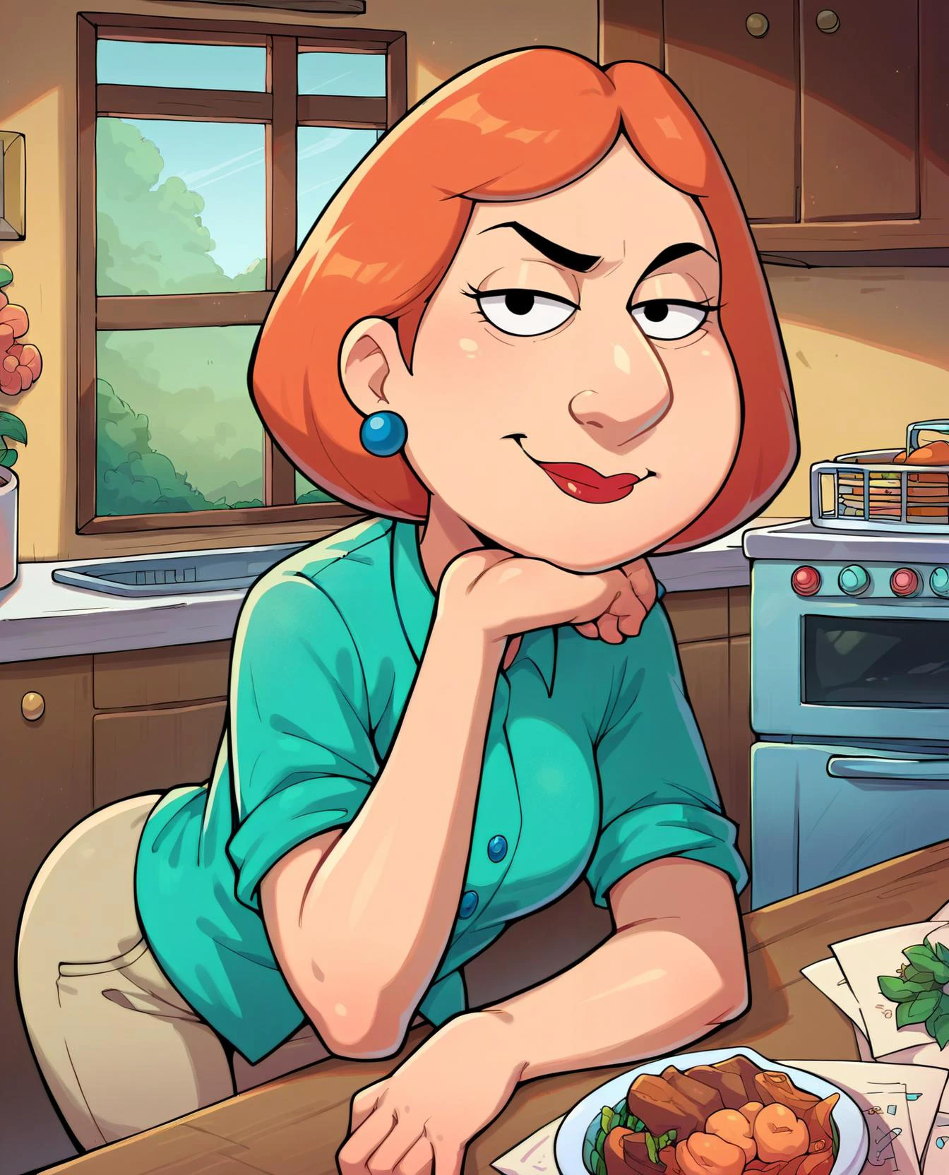score_9, score_8_up, score_7_up, score_6_up,source_cartoon,
lois, black eyes, blue earrings, jewelry, short orange hair, red lipstick, aqua shirt, beige pants, looking at viewer, serious, smirk, bent over, on counter, inside cozy kitchen, hand under chin,
<lora:Loispony1.0:.8> <lora:Cold Oil Gothic Style SDXL_LoRA_Pony Diffusion V6 XL:1>