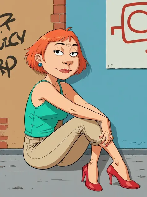 score_9, score_8_up, score_7_up, score_6_up, score_5_up, score_4_up, 1girl, in hewlls artstyle, big nose, lois, blue earrings, jewelry, ballet flats, red shoes, short hair, solo, lipstick, makeup, orange hair, aqua shirt, beige pants, digital illustration, portrait, graffiti background, urban, sitting, <lora:Jamie_Hewlett_Style_Pony:0.92>, <lora:Loispony1.2:0.76>