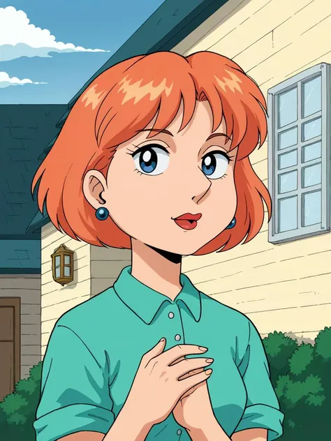 score_9, score_8_up, score_7_up, score_6_up, score_5_up, score_4_up, 1girl, in ru_ta artstyle, retro artstyle, lois, blue earrings, jewelry, short hair, solo, lipstick, makeup, orange hair, aqua shirt, beige pants, portrait, outdoors, <lora:Loispony1.2:0.9>, <lora:Rumiko_Takahashi_Style_LoRA_PonySDXL:0.5>